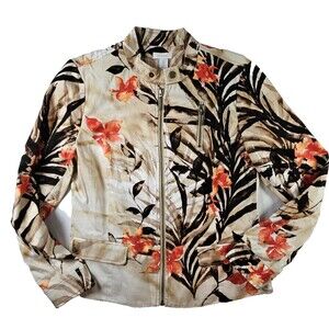 CHICOS Jacket  Peggy II Floral Moto Stretch Lined Full Zip Cotton Beige SZ 4